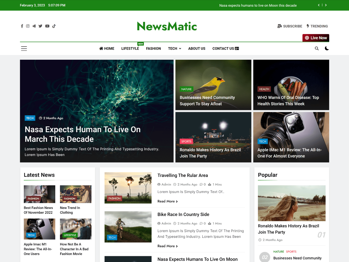 Newsmatic (Free) WordPress theme for tech blogs