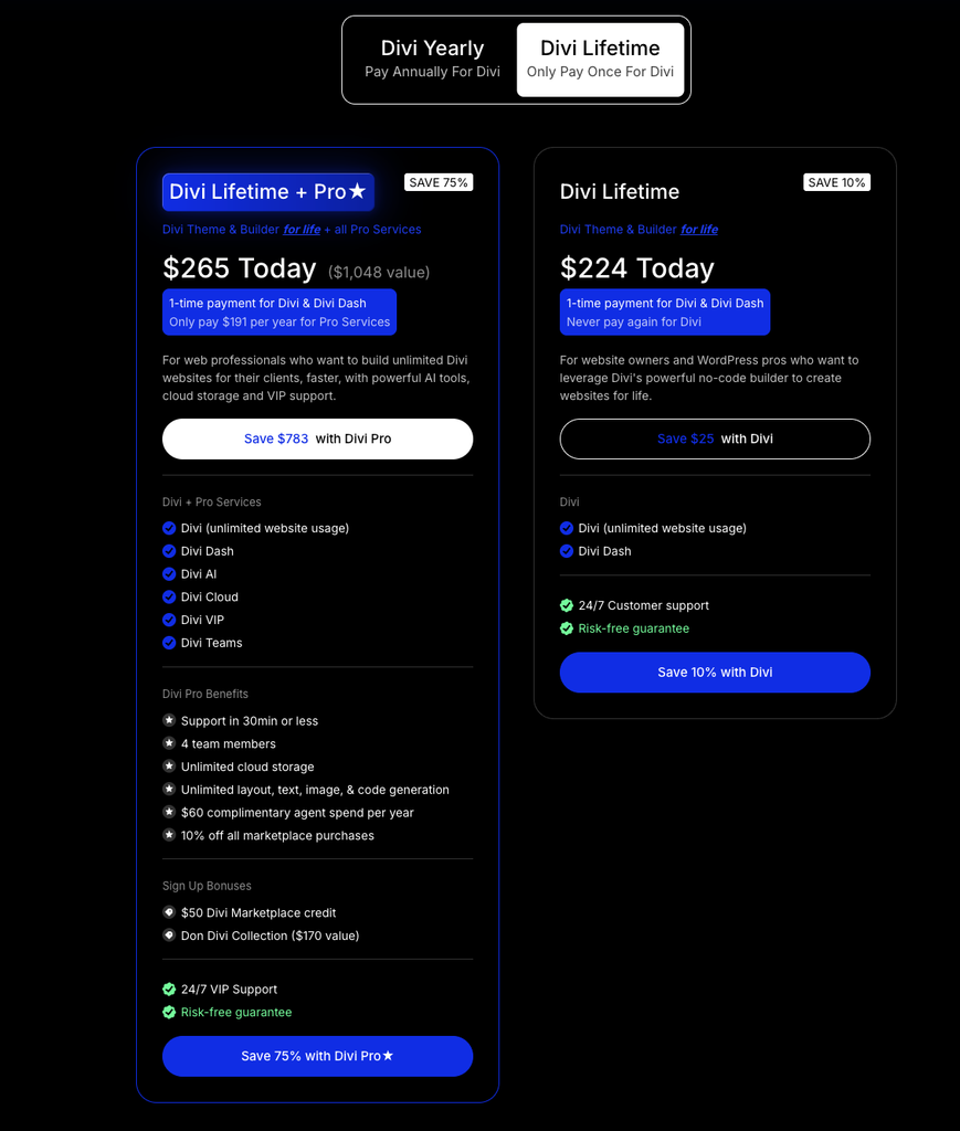 Divi Lifetime + Pro pricing showing 75% off at $265 today